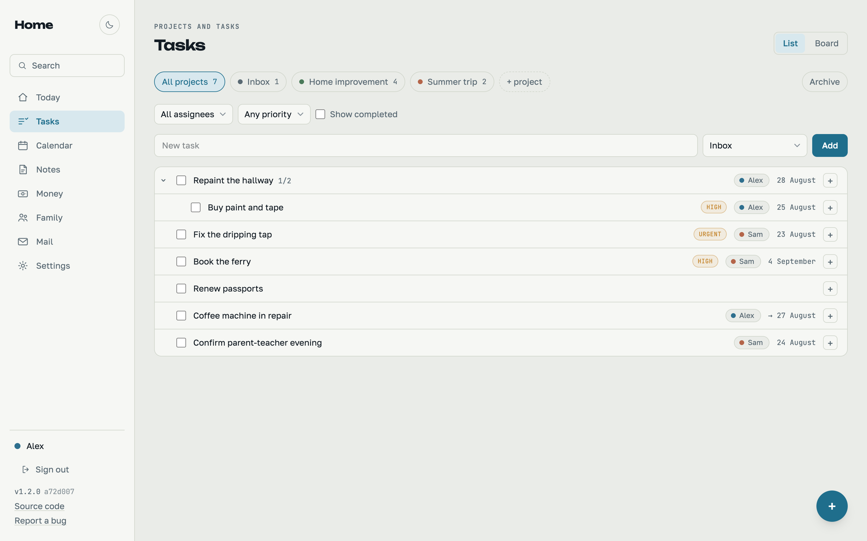 Task board with shared projects and recurring chores